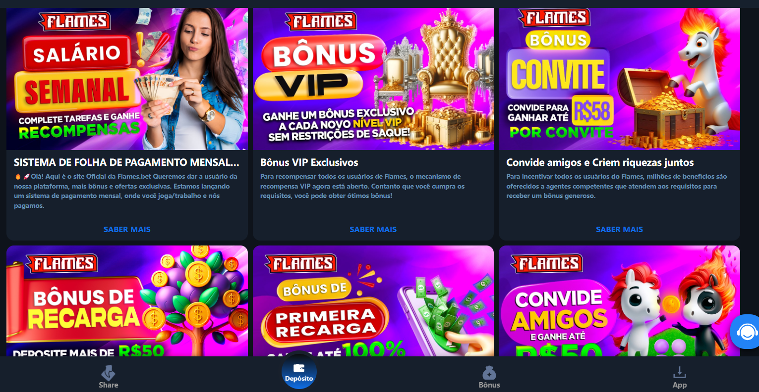 Ofertas semanais e mensais Programa de Bônus fidelidade e VIP da Flames Bet